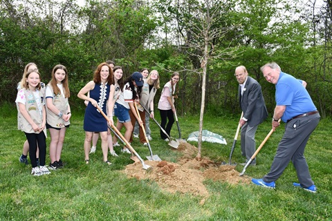 Local scouts and Mayor Colbert planting a tree.
